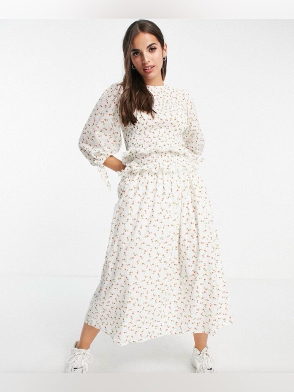 ASOS DESIGN White Floral Cotton Smocked Midi Dress Puff Sleeve Cottagecore Sz 0